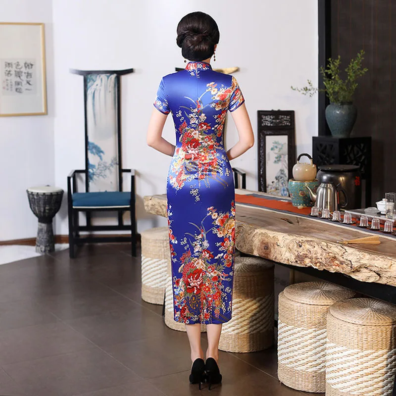 Китайское женское вечернее платье воротник стойка сатиновое Qipao с цветочным принтом вечерние платья большого размера 6XL женское платье Чонсам с длинным рукавом
