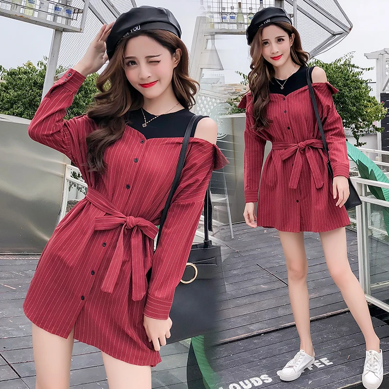 Осеннее платье рубашка Новое поступление 2020 в красную полоску с круглым вырезом