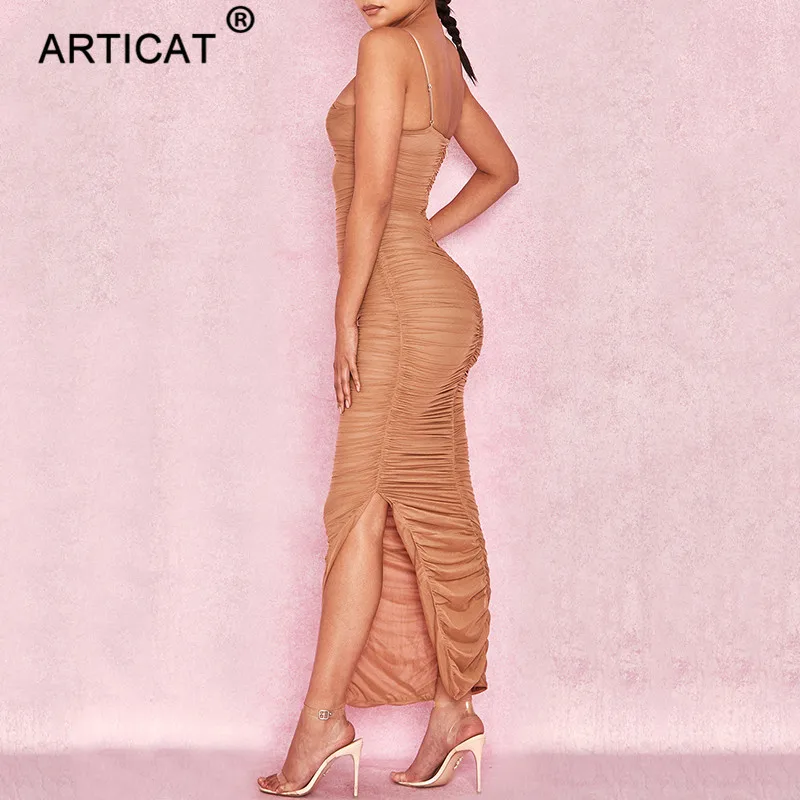 Articat, сексуальное, прозрачное, Сетчатое, вечерние, женское платье,, без бретелек, с разрезом, длинное, макси платье, элегантное, Осеннее, облегающее, плиссированное платье, Vestidos