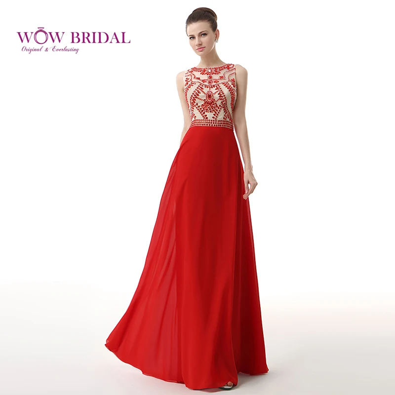 

Wowbridal Graceful Red Long Evening Dress 2021 Boat Neck Sleeveless Crystal Beaded Sash Chiffon Ruched A-Line Women Formal Dress