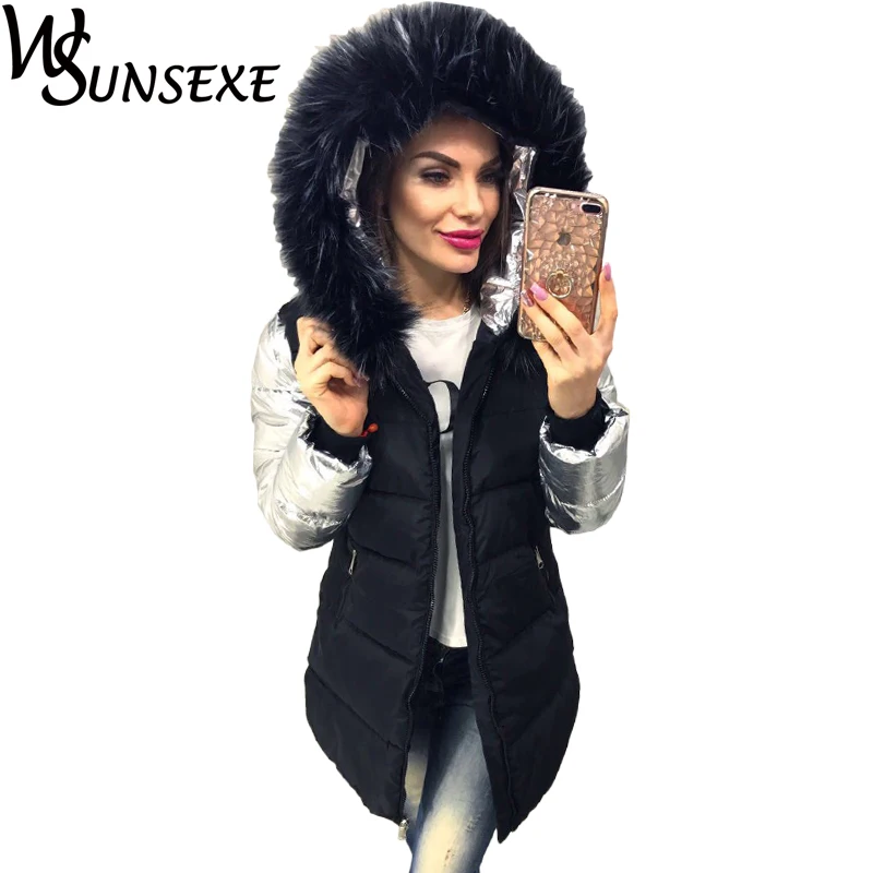 

Fashion Winter Jacket Women Warm Black Parka Spliced Silver Long Sleeve Faux Fur Hooded Coat Female New Metal Streetwear Outwear