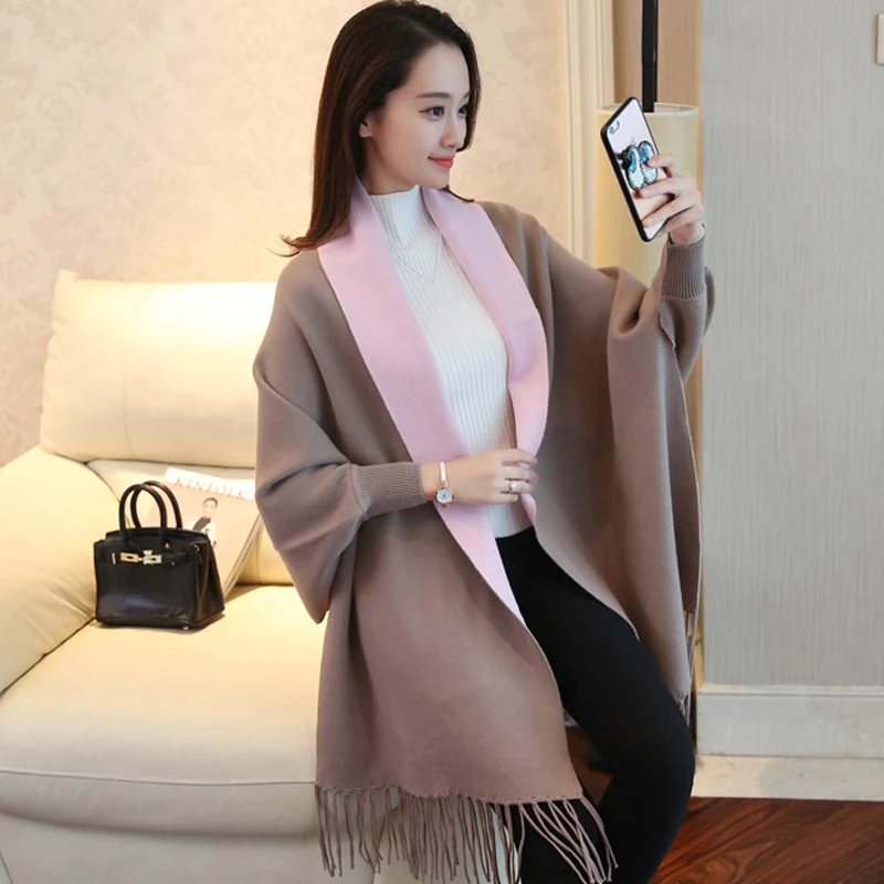 TIGENA Tassel Ponchos And Capes 2019 Autumn Winter Long Cardigan Female Batwing Sleeve Warm Knitted Cardigans Women Sweater |