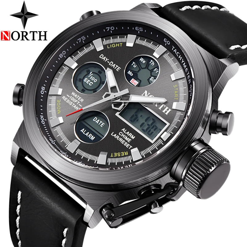 

NORTH Luxury Brand Men Analog Digital Leather Sports Watches Men's Army Military Watch Men Casual Quartz Clock Relogio Masculino