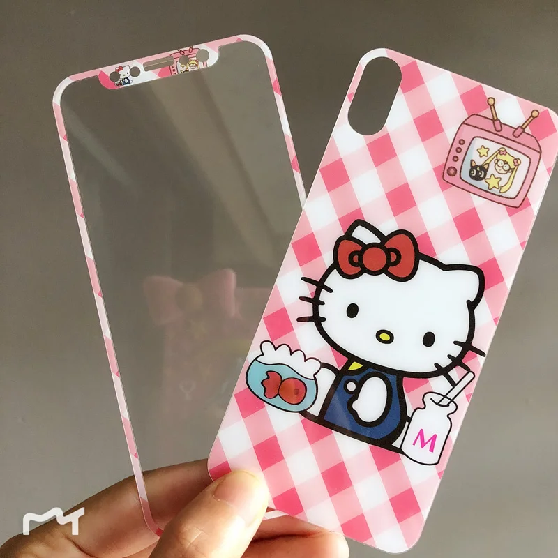 Для iPhone X милый розовый рисунок Hello Kitty закаленное Стекло Экран film (спереди и сзади)