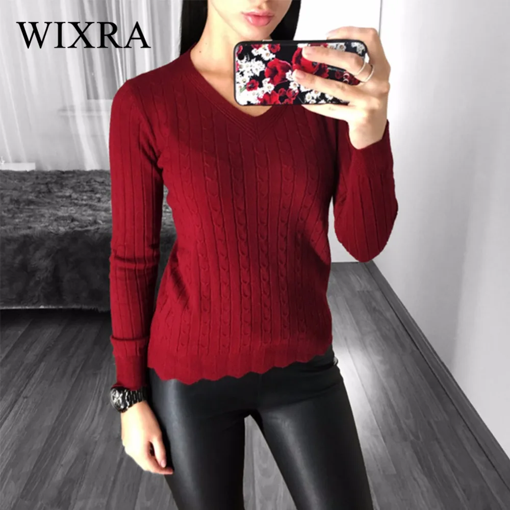 Wixra 2017 Осень Зима Новые Модные Женские однотонные тонкие пуловеры с v-образным