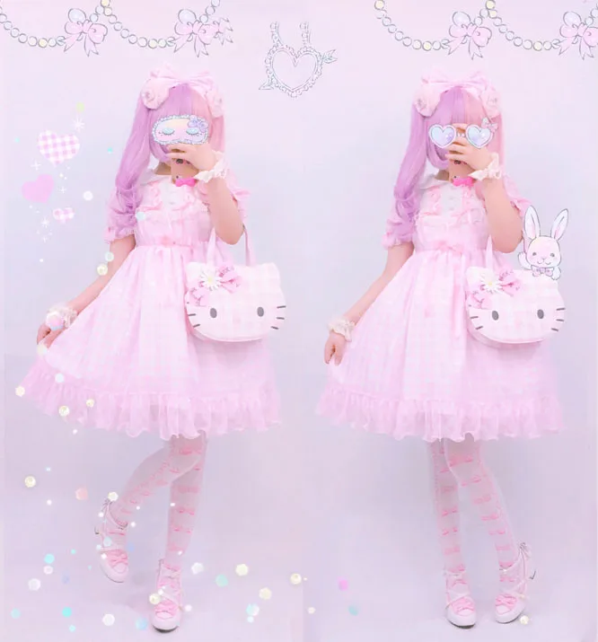 Kawaii клетчатое платье в клетку, японское женское платье в стиле Лолиты, милое цельное бальное платье с бантом, коротким рукавом и воротником в стиле Питера Пэна