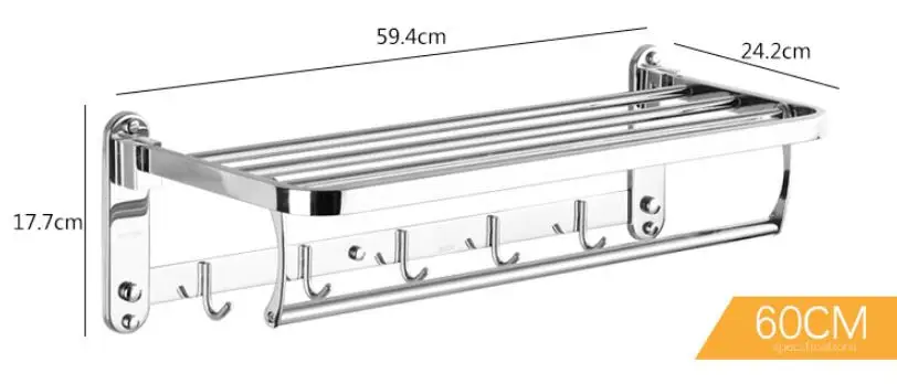 60CM Chrome Ванная комната Полотенца вешалка для полотенец с крючками 40/50/60 см Полотенца вешалка 304 Нержавеющая сталь складной фиксированной банное полотенце Полотенца держатель сушитель для полотенец - Цвет: 60CM Chrome