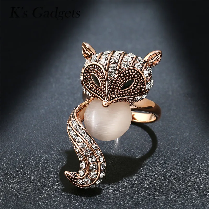 Животных Фокс кольца для Для женщин Природный камень опал Antique Rose Gold Цвет со