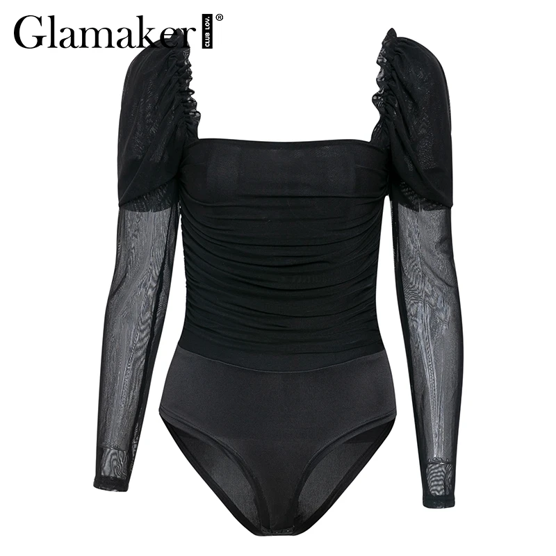 Женское прозрачное Сетчатое боди Glamaker черное облегающее с длинным рукавом