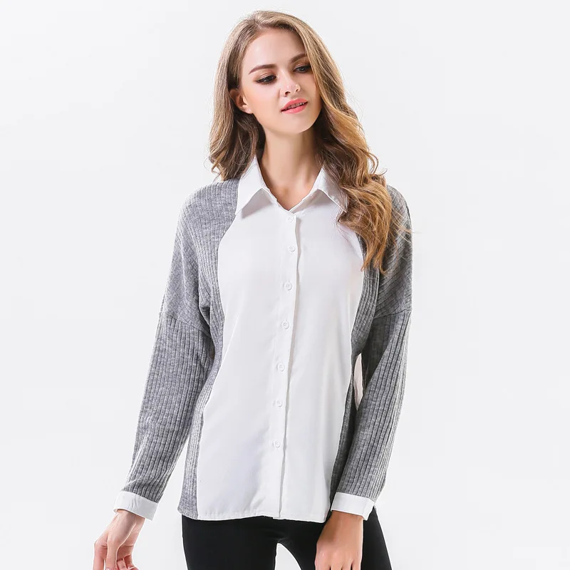 Осень Зима блузка рубашка женская 2018 Blusas трикотажные Лоскутные Blusa повседневные