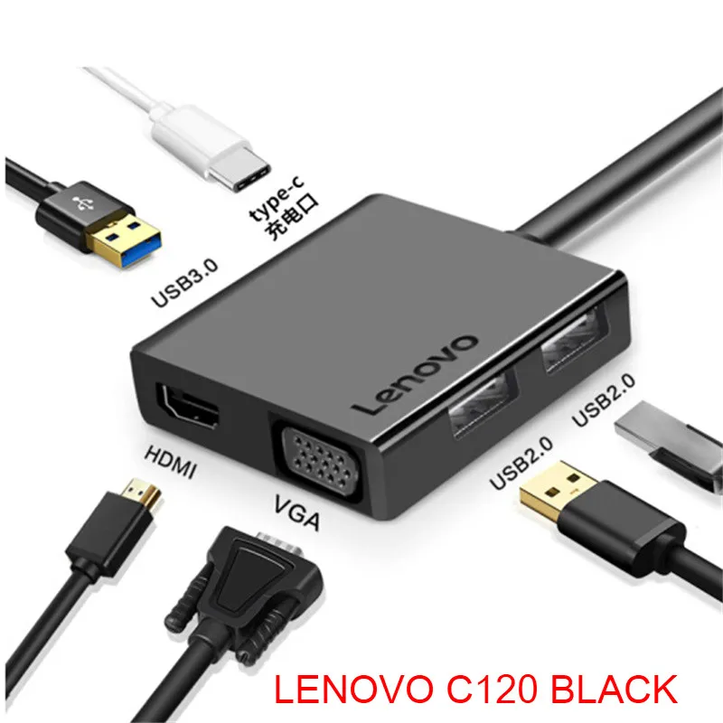 LENOVO C120 BLACK 6 в 1 USB C концентратор USB 3,0 HDMI 4 K VGA для MacBook Pro Xiaomi Asus lenovo ноутбук huawei mate 10 20 mate book type C - Цвет: LENOVO C120 BLACK