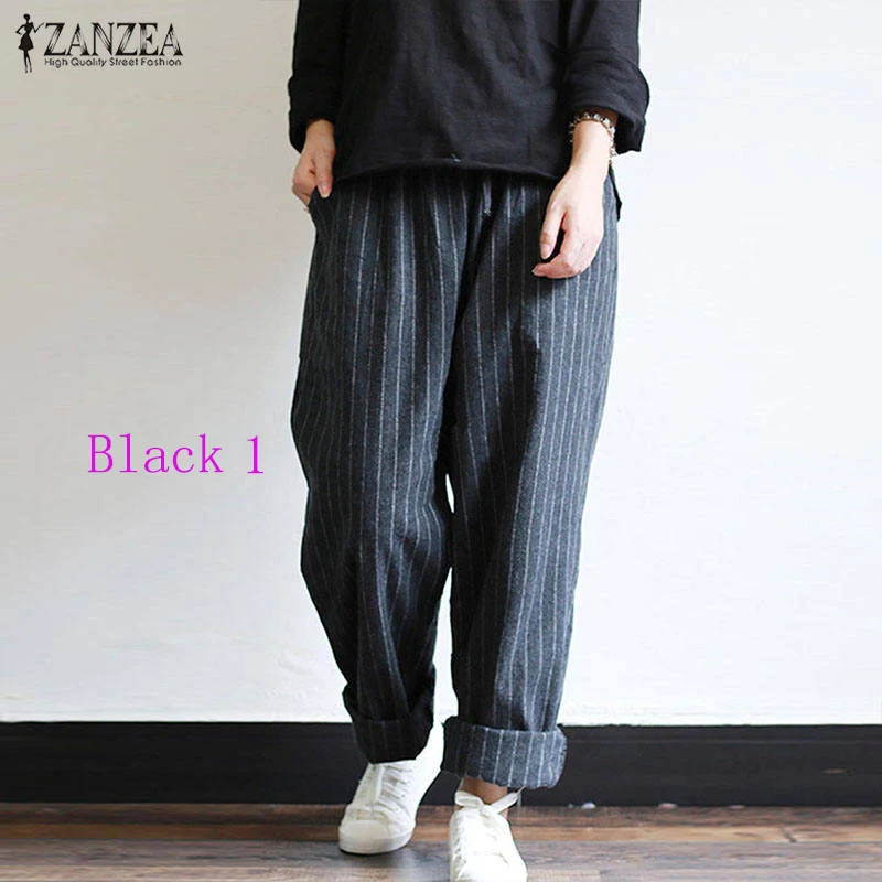 Black 1 ZANZEA 5XL осенние полосатые штаны женские повседневные мешковатые брюки Репка длинные Панталоны Палаццо дамские штаны-шаровары с эластичной талией размера плюс - Цвет: Black 1