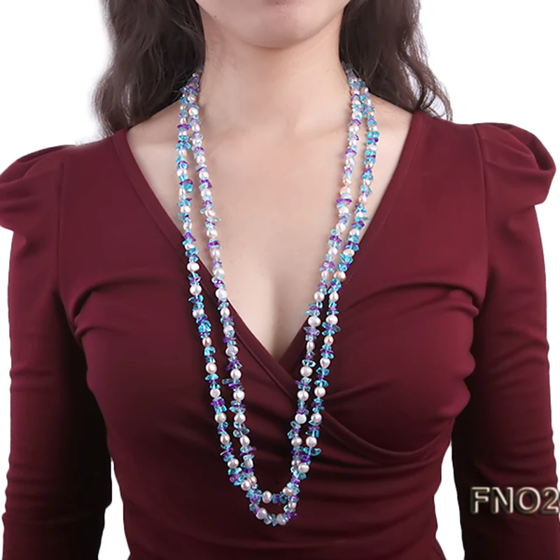 JYX High Quality Charming 8-10mm natural White Round Freshwater Pearl and Crystal Chips Necklace 38&quot | Украшения и аксессуары
