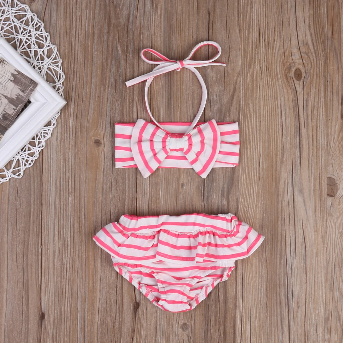 Детское летнее розовое пляжное бикини в полоску для маленьких девочек комплекты