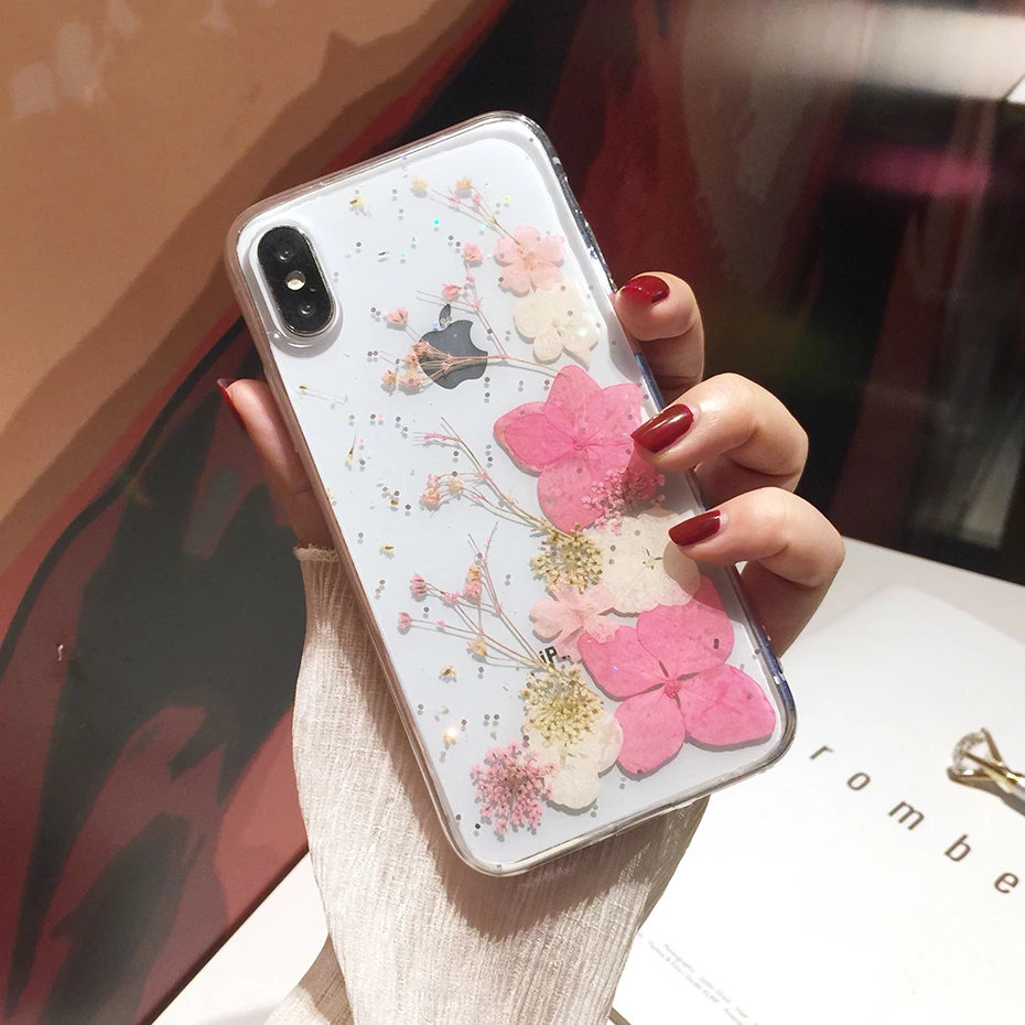 Qianliyao настоящие сухоцветы чехол s для iPhone X XR XS Max 6 6S 7 8 plus 11 Pro Max чехол для телефона Роскошный Блестящий Мягкий ТПУ чехол