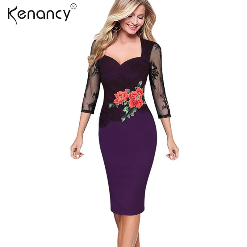 Kenancy 3XL размера плюс элегантное лоскутное кружевное платье карандаш с цветочной вышивкой для женщин квадратный вырез 3/4 рукав Vestidos Вечерние и офисные