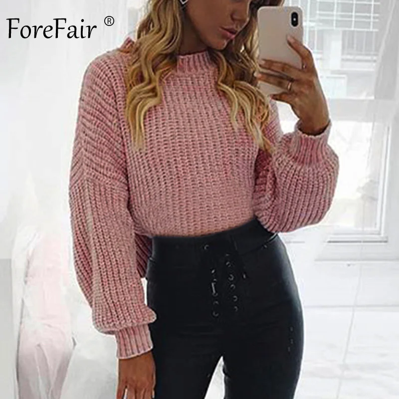 Pink Sweater Forefair Повседневный свитер с высоким воротом женские зимние вязаные пуловеры с рукавами-«фонариками» короткий черный белый вязаный однотонный джемпер для женщин - Цвет: Pink Sweater