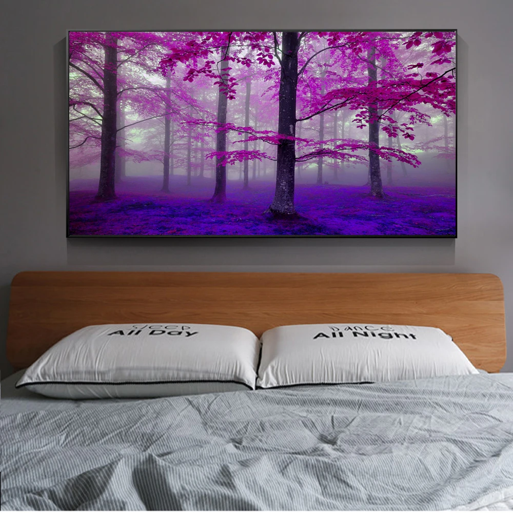 

Pink Forest Landscape Canvas Paintings On The Wall Art Canvas Prints Purple Scenery Wall Pictures For Bed Room Cuadros Decor