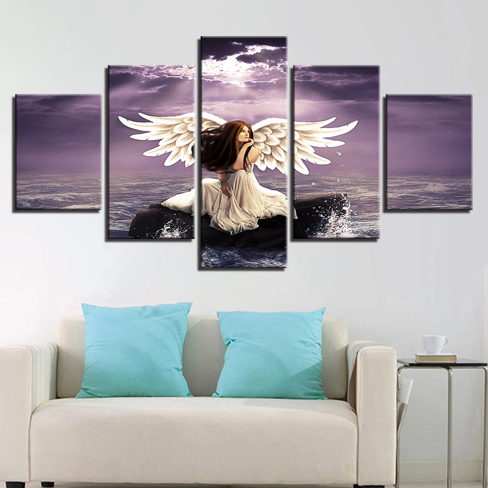 Printing Scenery Canvas Pictures Decor Modern Wall 5 Pieces Girl Angel Wings And Sea Water Painting Framework Modular Poster Art | Дом и сад