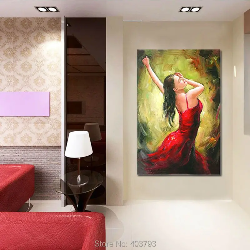 100% ручная роспись в красном платье танцующая женщина холст картина маслом для