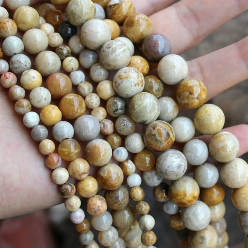 4-12mm Round Light Yellow Fossils Coral Jaspers Beads Natural Stone For Jewelry Making 15'' Needlework DIY | Украшения и