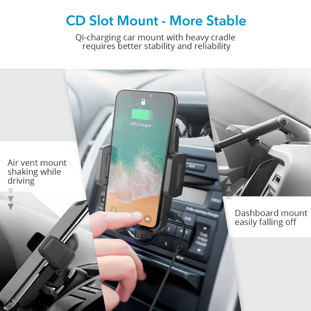 Mpow Qi Fast Wireless Car Phone Mount CD Slot 10W 7.5W 5W Auto Charging Powers For iPhone XR XS 8 8Plus Samsung S9 S8 S7 S6/edge |