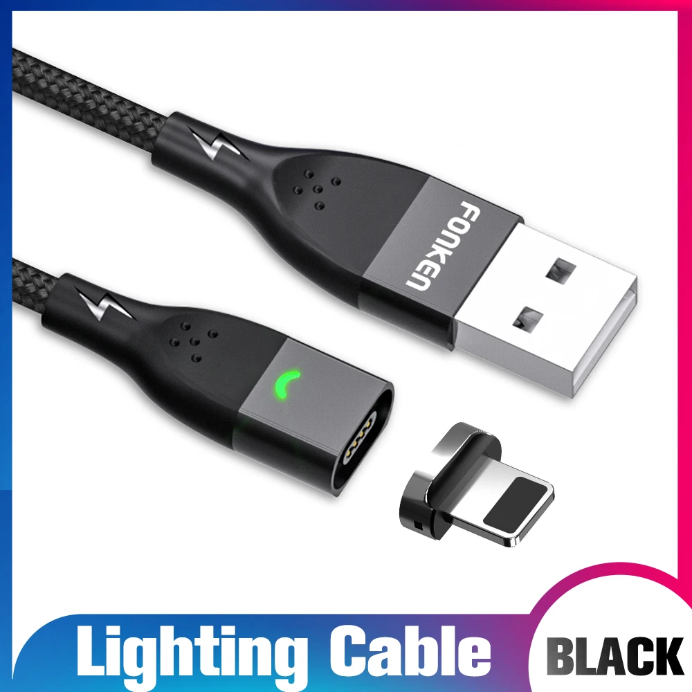 Black Cable for IOS FONKEN Магнитный кабель type C кабель Micro USB провод для быстрой зарядки магнит быстрое зарядное устройство для мобильного телефона USB C кабели светодиодный провод для передачи данных - Цвет: Black Cable for IOS
