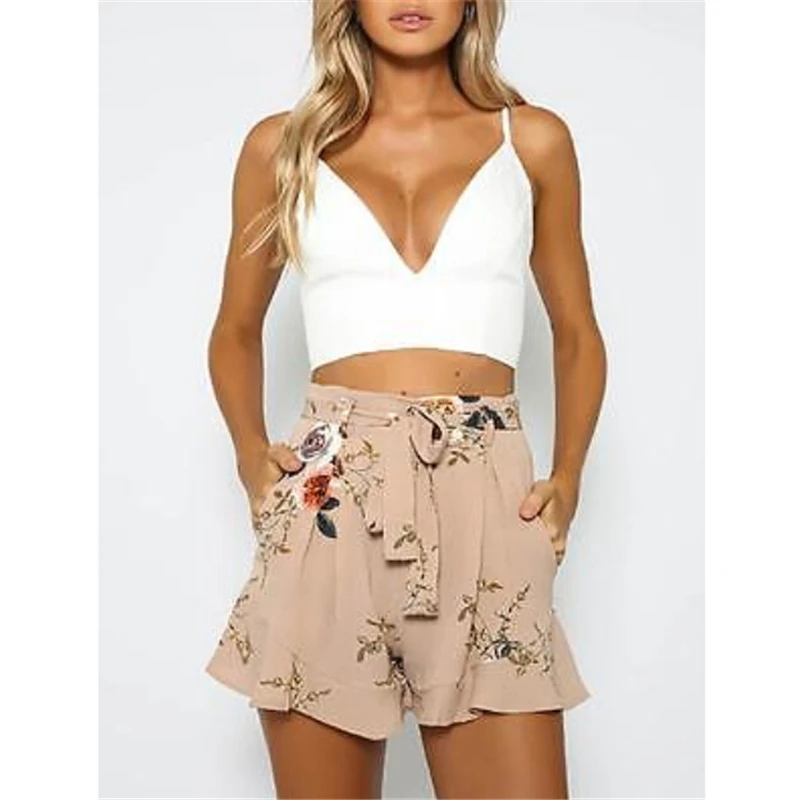 shorts women floral print short femme 2018 new summer style hot loose belt casual thin mid casual short women's plus size images - 6