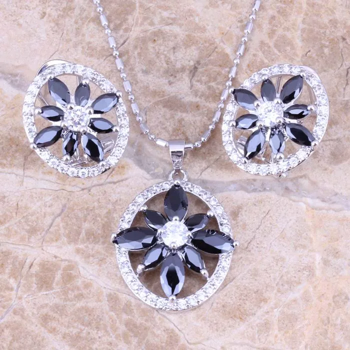 Enjoyable Black Cubic Zirconia White CZ Silver Plated Earrings Pendant Necklace Jewelry Sets S0738 | Украшения и аксессуары
