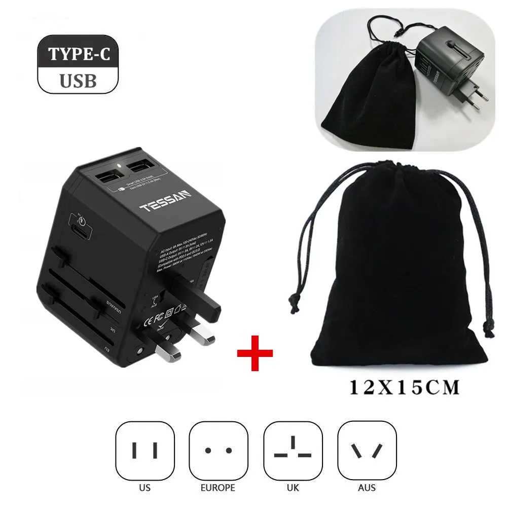 TESSAN все-в-одном Международный адаптер штепсельной вилки 3USB/2USB порты Tpye-C 3,0 порт-Универсальный адаптер переменного тока для США/ЕС/Австралии/Великобритании - Цвет: 2USB1 Tpye-C Bag