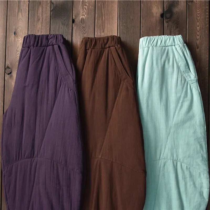 Johnature 2019 New Thicken Winter Warm Women Solid Color Cotton Linen Loose Pants Vintage Elastic Wait 3 Colors Lantern | Женская одежда