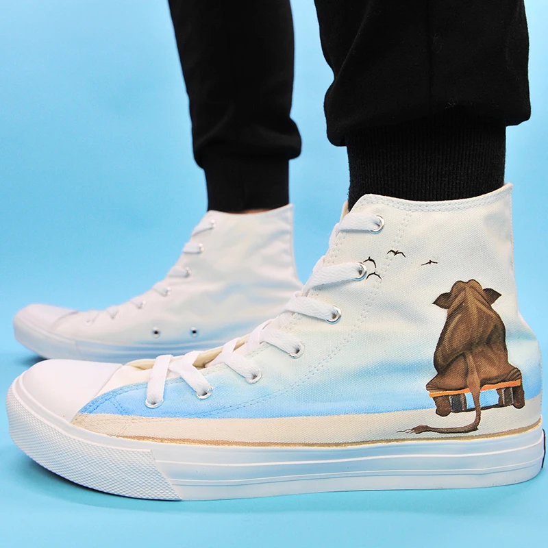 Wen Hand Painted Original Shoes Design Elephant Sitting on the Bench High Top Canvas Sneakers Female Skateboarding Male | Спорт и