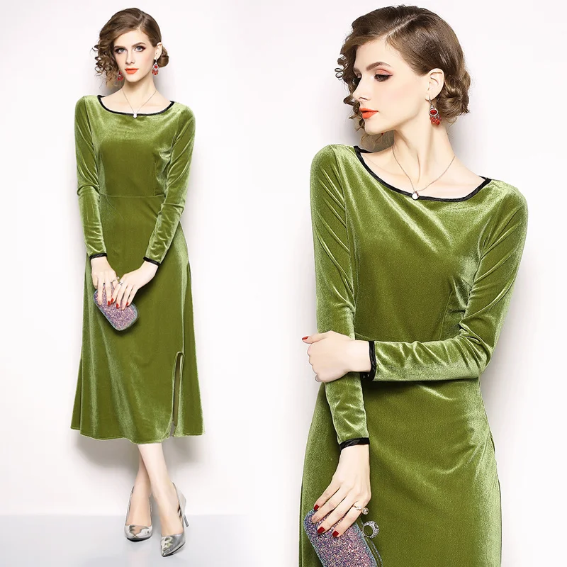 Vestidos размера плюс повседневное зеленое бархатное платье женское Hiver зимнее миди