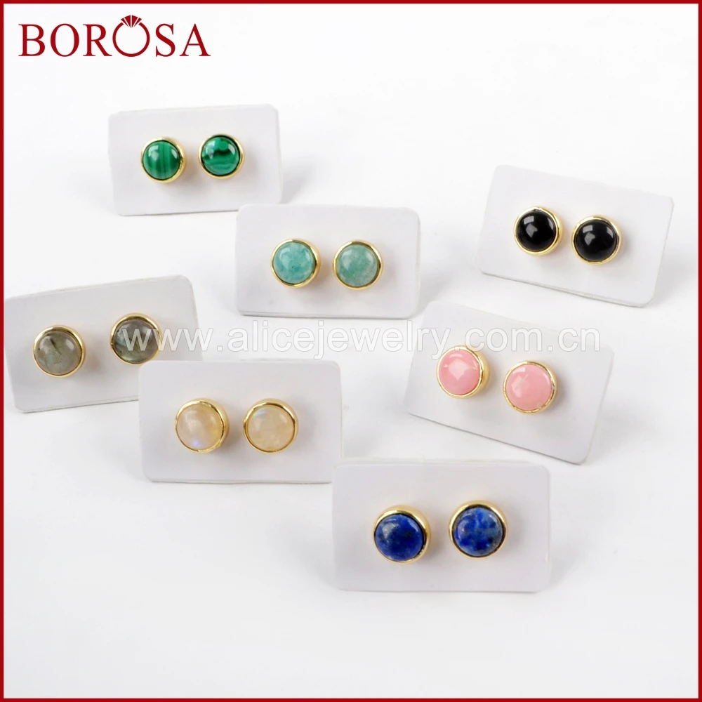 Круглые серьги-гвоздики BOROSA ZG0283 с разноцветными камнями золотого цвета 7 мм яркие