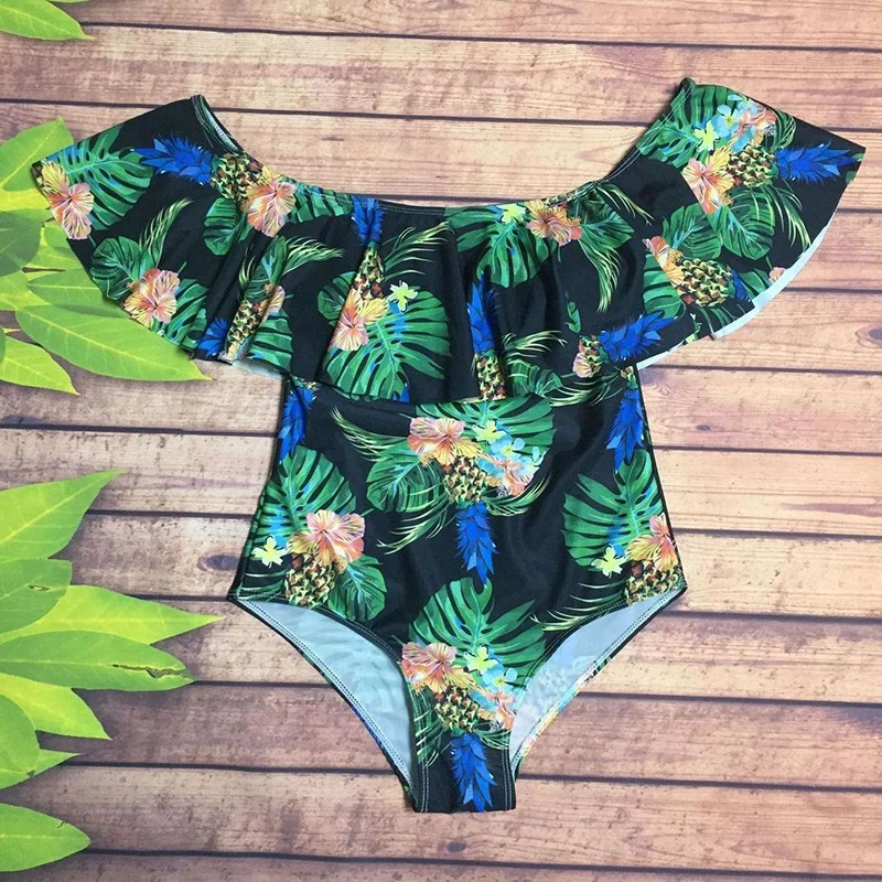 

New Ruffles One-piece Swimwear Women Swimsuit Palm Leaf High Waist Brazilian Bathing Suit Halter padded Beach wear Female