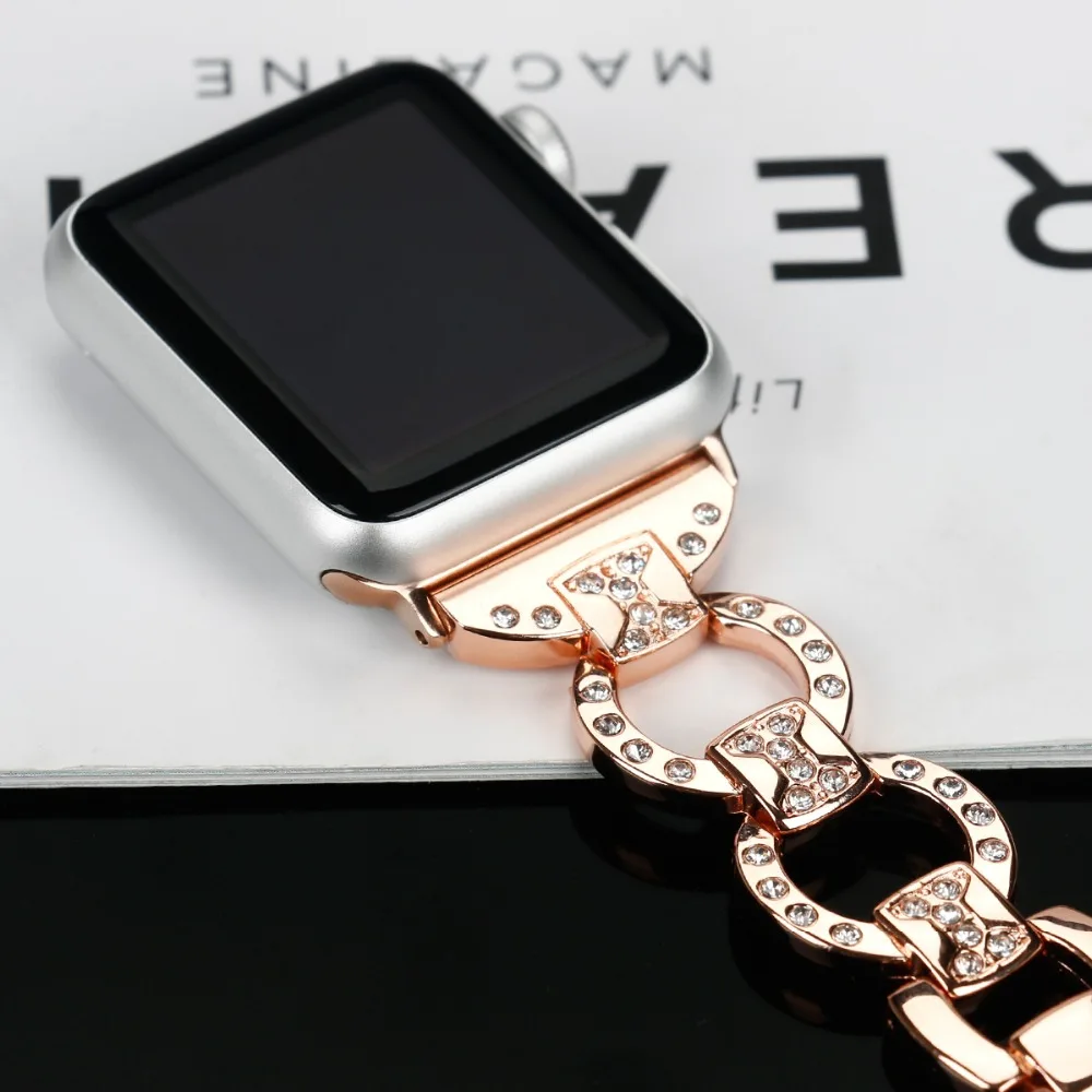 Bling из натуральной кожи часы ремешок для Apple Watch iWatch 4/3/2/1 бриллиант Стразы Нержавеющая сталь металлический браслет ремешок для наручных часов Iwatch, ремешок 82003