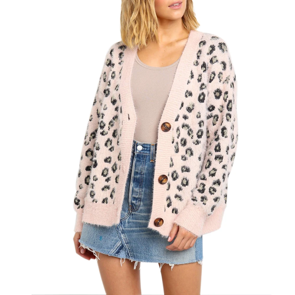 Women's Fashion Pink Leopard V-neck Long Sleeves Wool Cardigans New Loose Slim Fit Button Retro Warm Casual Sweet Sweater Coats |