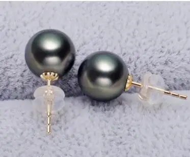 

free shipping>>>>noble jewelry stunning10-11mm tahitian black green pearl earring 14k white gold