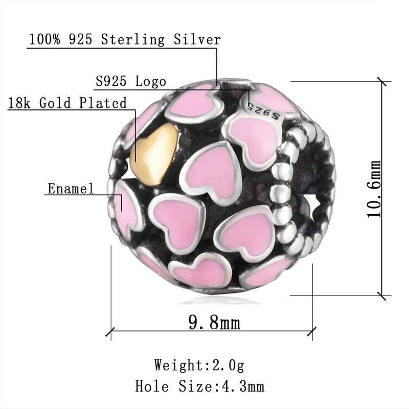 Soulbead Pink Charms Love 925 Original Gold Tone Beads with Enamel Heart Fit European Charm Bracelet Girlfriend Gift | Украшения и