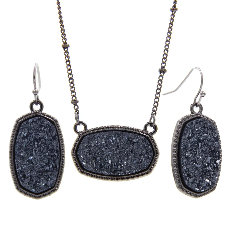 Dark Grey YJX черный Мини переливающийся Drusy Druzy Овальный кулон ожерелья с Висячие серьги ювелирный набор блеск бутик - Окраска металла: Dark Grey