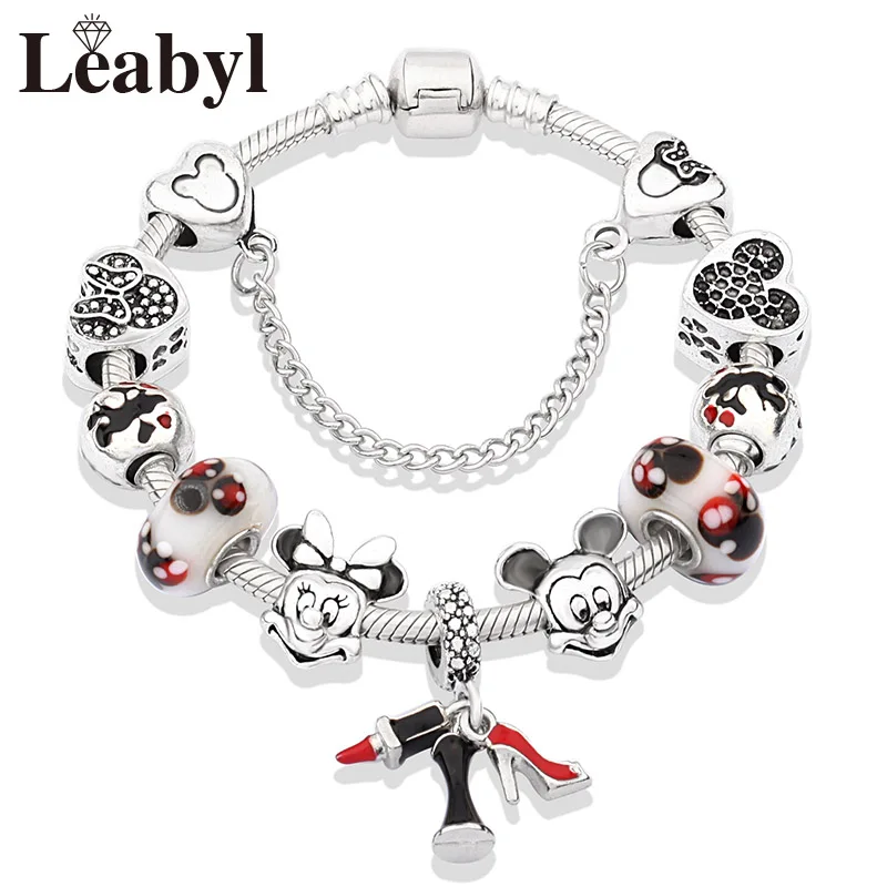 L80934 Милое платье принцессы с красной эмалью, браслет Minnie, серебряный замок, браслет из бисера, сделай сам, муранский кристалл, очаровательный браслет, браслеты для девочек - Metal Color: L80934