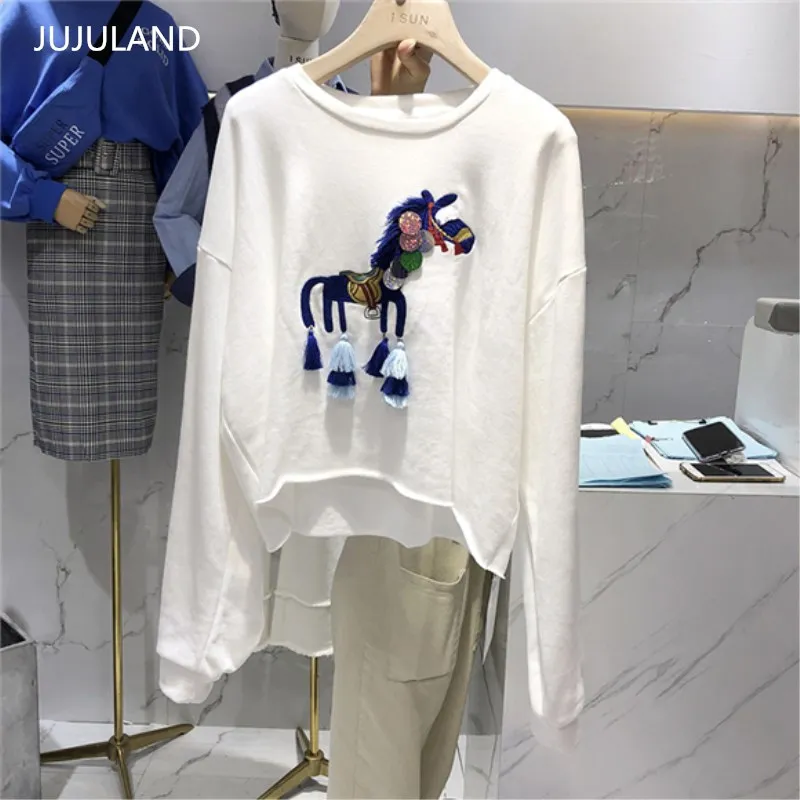 JUJULAND толстовки с вышивкой животных повседневные женские хлопковые Свободные