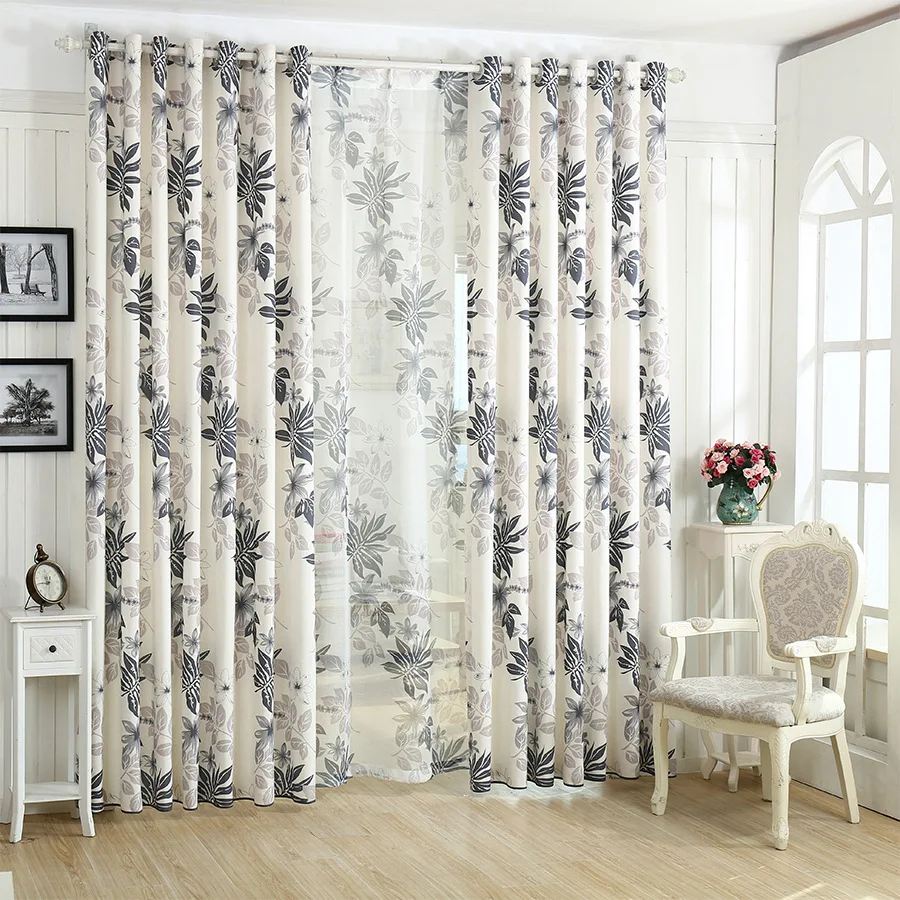 2 цвета хлопковые льняные шторы с серыми листьями в американском стиле для