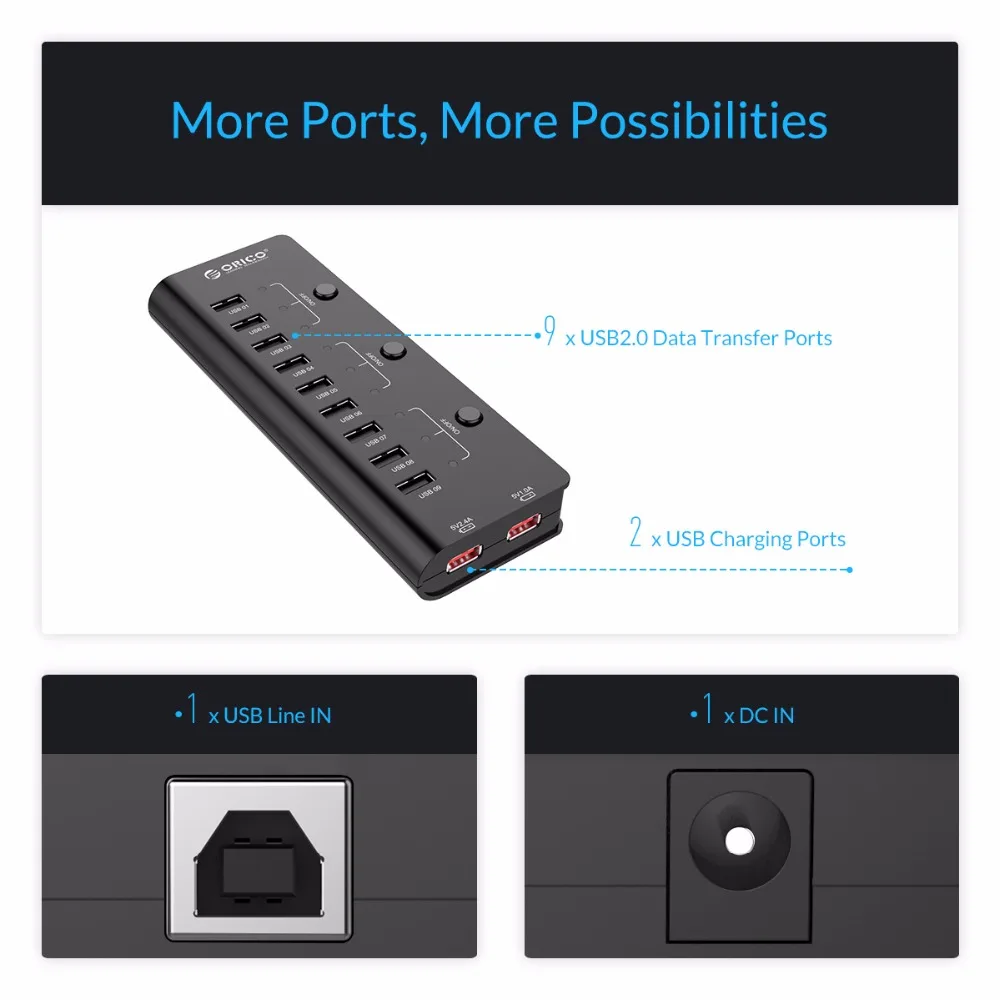 ORICO HF9US-2P-BK 9 портов USB2.0 концентратор с 2 портами зарядки 3 выключатель питания для планшетных телефонов с CE/FCC/3C/ROHS