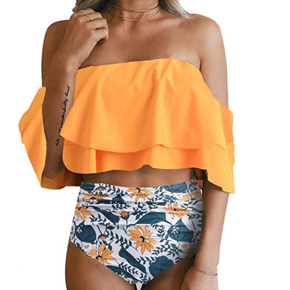 Купальный костюм с оборками 2019 сексуальный купальник высокой талией женский