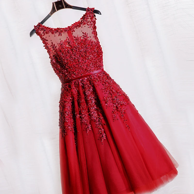 Robe De Soiree красный o-образный Вырез Аппликация до колена и отделка бисером тюль А-силуэт без рукавов вечерние платья для выпускного вечера невесты
