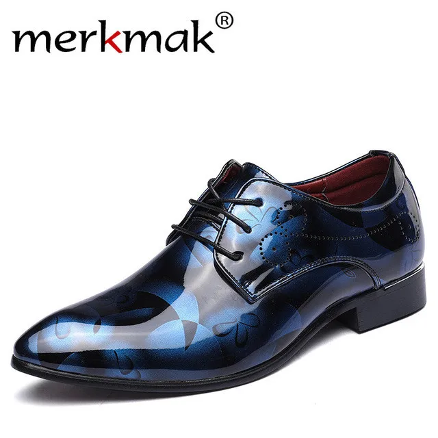 Blue Dress Shoes Merkmak/кожаные Мужские модельные туфли с цветочным узором; мужские деловые свадебные туфли на шнуровке; мужские оксфорды на плоской подошве; большие размеры 35-48 - Цвет: Blue Dress Shoes