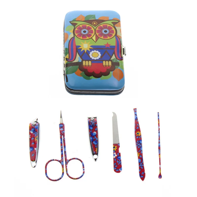 

6Pcs/Set Flower Printed 2 Kinds Professional Owl Manicure Set Nail Care Set Kit Tool For Women Girl Child Kid Gift