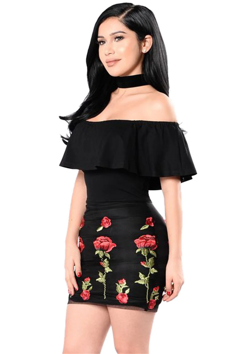 Adogirl Floral Embroidery Bodycon Mini Dress Women Off Shoulder Ruffle Bandage Short Club Party Dresses Clearance Sale Outfits | Женская