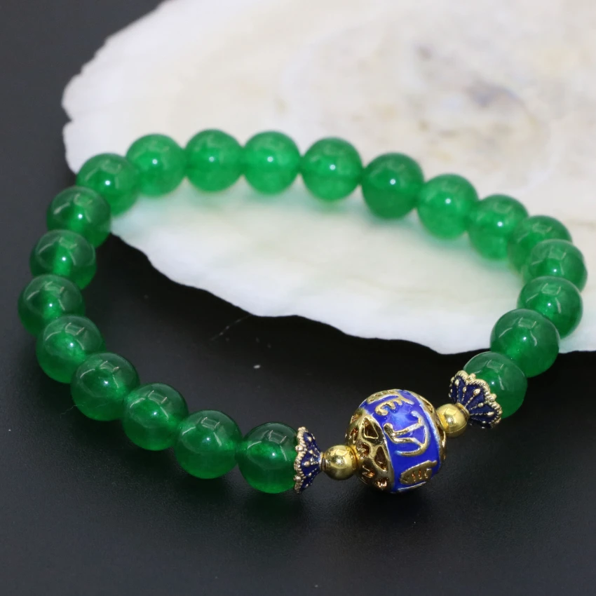 Новый дизайн 8 мм круглые бусины Зеленый Халцедон браслет натуральный камень jades